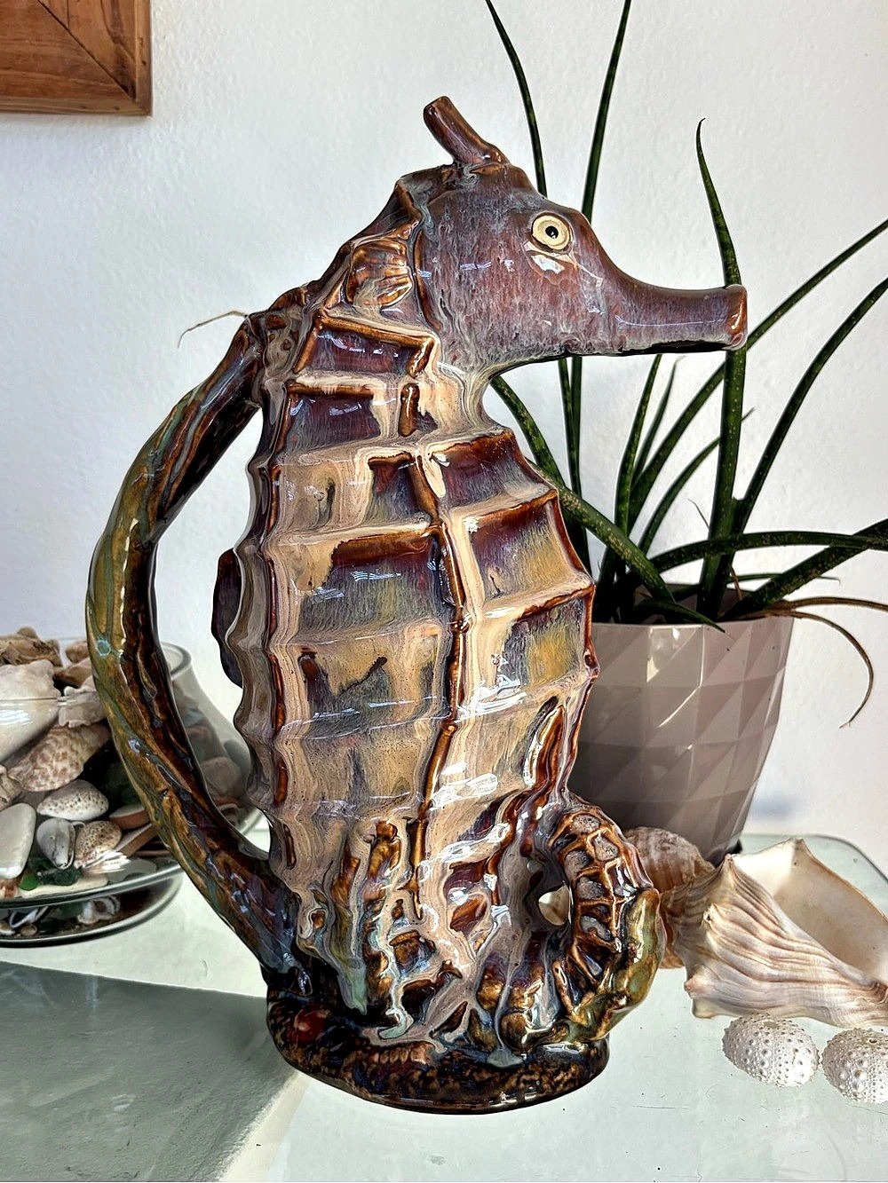 Italian Majolica Ceramic Earthy Tones Sea Horse Decorative Pitcher